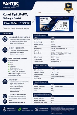 Pantec Marine 25.6v 100ah 2.56kwh Lifepo4 Lityum Akü