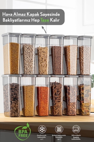 12'li Etiketli Erzak Saklama Kabı Seti - Sızdırmaz Kapaklı Bakliyat Saklama Kutusu - 12 X 1580 Ml Antrasit