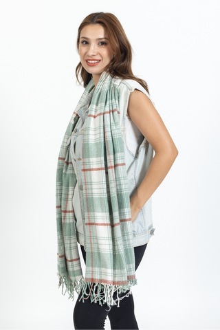Ladycolor Ekoseli Yünlü Omuz Şalı - 70x190 Cm - Dayanıklı Akrilik Yeşil