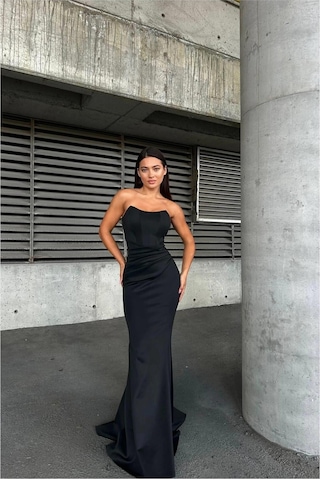 DefyModa Kadın Esnek Likralı Kumaş Straplez Maxi Abiye Elbise Siyah