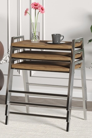 Zigon Sehpa , Aden 3'lü Tepsi Zigon Sehpa Takımı Gümüş Metal - Atlantik Çam Tabla Gümüş-atlantik Çam