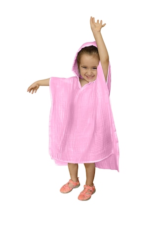Organik Muslin Bebek Çocuk Kapüşon Plaj Panço Banyo Havlu Pembe