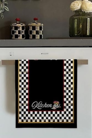 Siyah Dama Desen Fırın Mutfak Havlusu 30x50cm Açık Bej