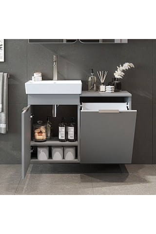 Dubai Kapaklı Ve Sepetli 92.2 Cm Mdflam Banyo Dolabı, Lavabolu Banyo Alt Dolabı Kül Gri