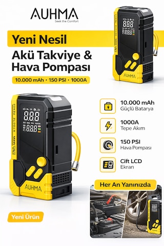 Auhma Akü Takviye Cihazı 10.000mah Powerbank Özellikli Çantalı Akü Takviyeli Oto Hava Kompresör