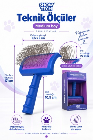 Showtech Tuffer Than Tangles Ekstra Uzun Kedi & Köpek Tarama Fırçası Medium