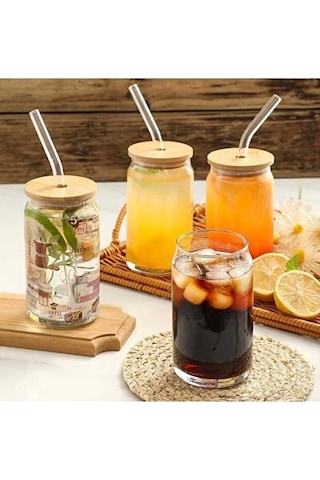Bambu Kapaklı 2 Li Cam Bardak Seti - 300ml Isıya Dayanıklı Cam Pipetli Ve Fırçalı Şeffaf
