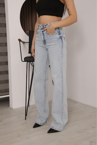 Modanida Kadın Buz Mavisi Yüksek Bel Palazzo Baggy Kot Pantolon Wide Leg Bol Paça Jean Kot Pantolon Gümüş Gümüş
