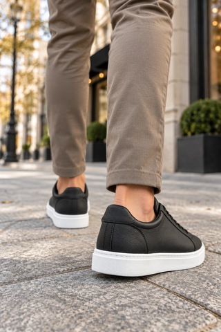 Mevese Etile Bağcıklı Cilt Erkek Günlük Sneaker Ayakkabı - Siyah