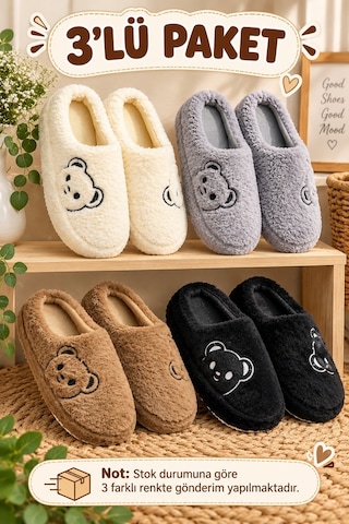 Modafrato 3'lü Paket Fluffy Aycık Kapalı Kadın Terlik Ev Terliği Yumuşak Ve Rahat Ses Yapmayan Taban Paket Ürün