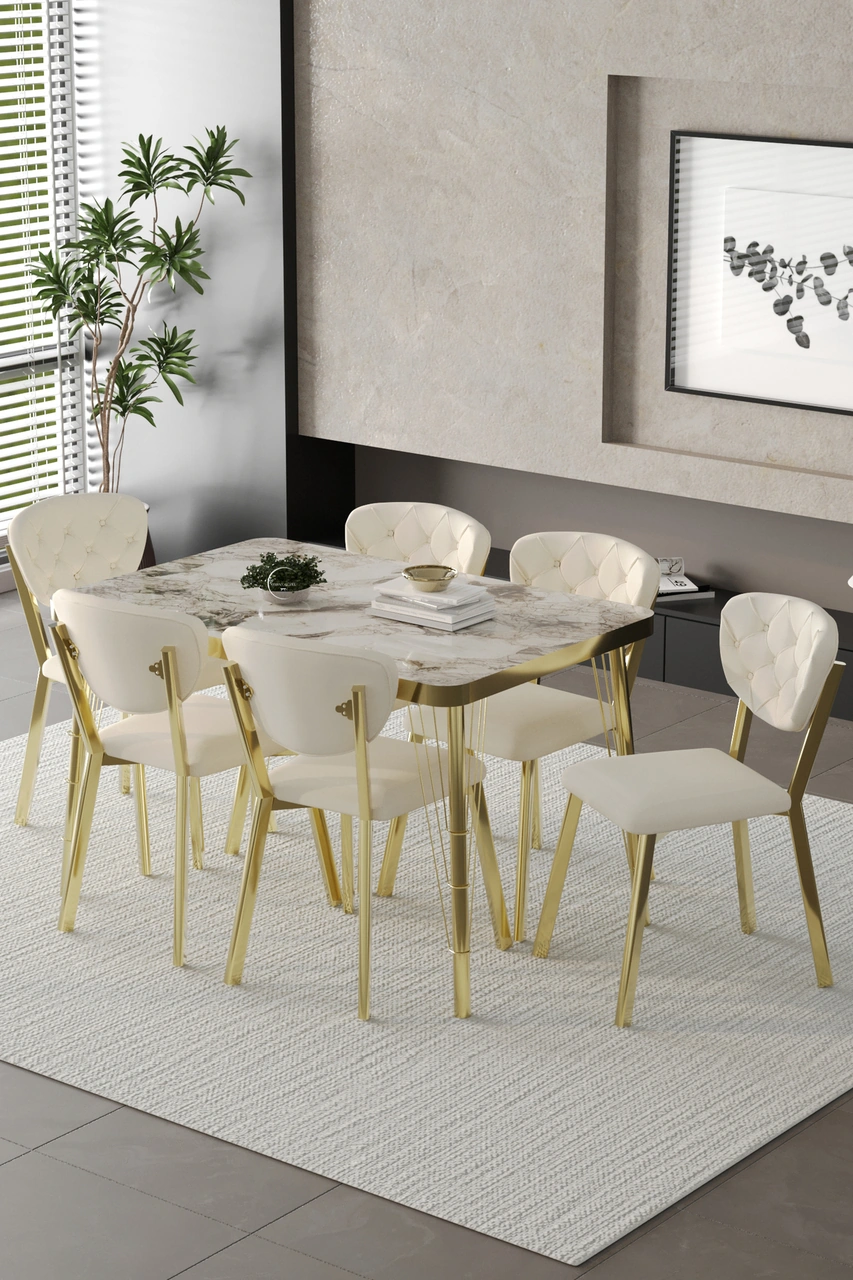 Mutfak Masası Takımı Elma Serisi 6 Sandalyeli Gold Krem