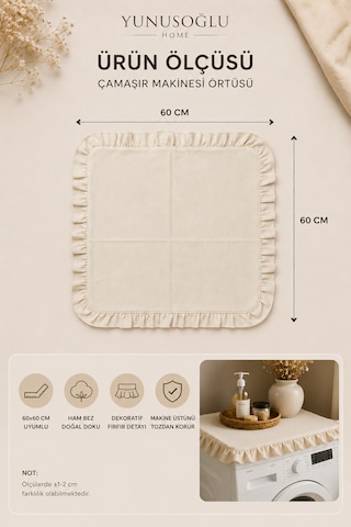 Ham Bez Fırfırlı Çamaşır Makinesi Örtüsü 60x60 Cm Dekoratif Doğal Kumaş Makine Koruyucu Krem