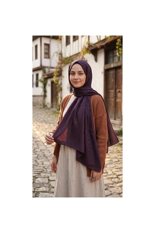 Nukra Jakarlı Pamuk Tesettür Şal Otantik Desen Mürdüm 70 X 190 Cm