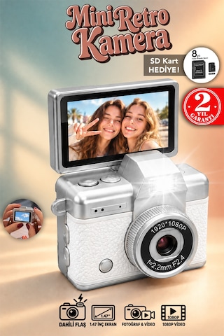 Mimtec Blm-110 Mini Retro Dijital Kamera - Flaşlı Katlanabilir Ekran 1080p Hd Video Selfie Vlog Kamerası Gri