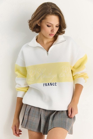 Shade Kadın Yarım Fermuarlı Nakış Detaylı Renk Bloklu Oversize Sweatshirt 10001 60283561 - Beyaz-sarı Çok Renkli