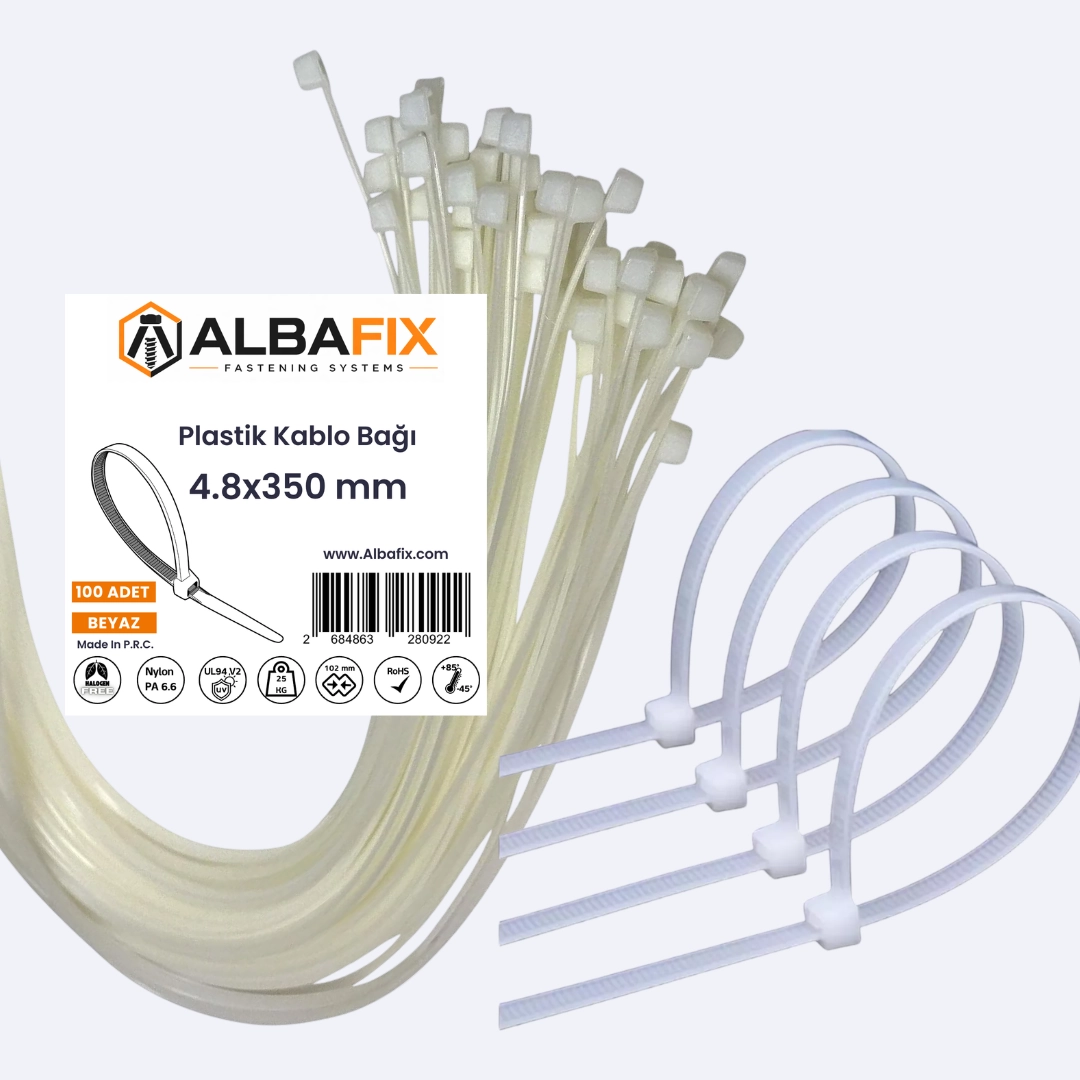 4.8x350 Mm Beyaz Plastik Kablo Bağı Klipsi Cırt Kelepçe 100 Lü Paket 4.8 X 350mm - Beyaz