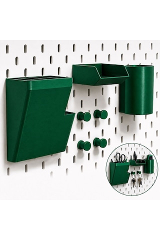 Pegboard Duvar Düzenleyici Organizer Seti Kalemlik, Çok Amaçlı Kutu, Mini Raf Ve Askılık Modüllü Modüler Duvar Organizasyon Sistemi Yeşil