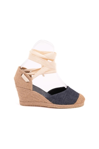 Star Tombis Gerçek Elişi Kot Mavisi Ipli Dolgu Topuk Keten Espadril Handmade Mavi