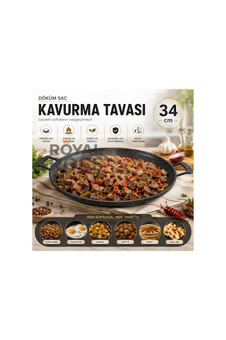 Döküm Sac Kavurma Tavası 34 Cm Çift Kulplu Izgara Ve Et Pişirme Tavası Siyah
