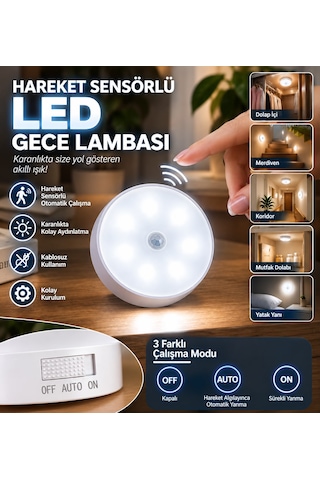 Hareket Sensörlü Led Gece Lambası Şarj Edilebilir Dolap Merdiven Duvar Aydınlatma Beyaz Renk Yuvarlak Yapışkan Mıknatıs Manyetikli