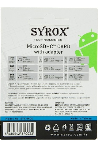 Syrox 4 GB MicroSDHC Hafıza Kartı + Adaptör