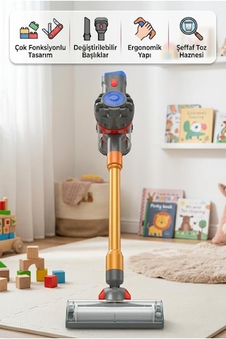 İlk Dikey Süpürgem Gerçekci Vakum Yapan Pilli Sesli 3 Farklı Başlıklı 70cm Oyuncak Dikey Süpürge 1