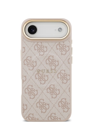 Apple Uyumlu iPhone 17 Air Kılıf Guess Lisanslı M-safe Şarjlı Gold Kamera Çerçeveli Pu Deri Yazı Logolu Pembe