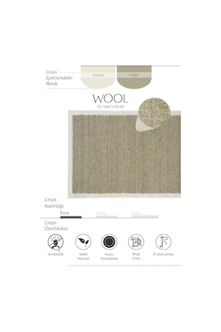 Cool Halı Wool 01 Natural Yün Halı Jüt Halı Yolluk El Dokuma Jüt Kilim Hasır Halı Bohem El Halısı Otantik Halı Haki - Krem