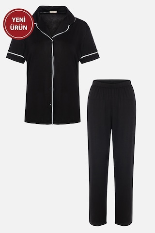 Kadın Kısa Kollu Viskon - Yumuşak Dokulu Düğmeli Biyeli Bol Paça Pijama Takımı Ko7306ts-3 Siyah