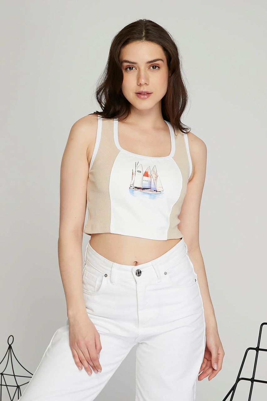 Kadın Deri Crop Ribana Kaşkorse Likralı Deri Garnili Baskılı Crop Büstiyer Deri Üzeri Baskılı Crop Bej