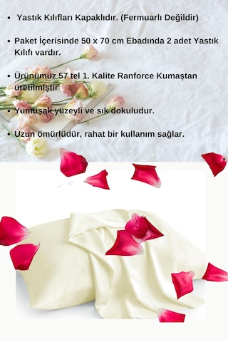 Açık Krem Renkli Pamuklu Ranforce Kumaştan Yastık Kılıfı 2 Adet
