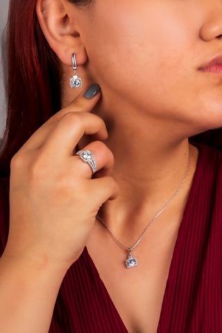 925 Ayar Gümüş Rodyumlu Full Zirkon Taşlı Baget Süslemeli Bayan Takı Seti -8234 Gümüş