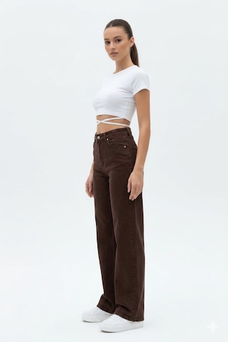 Layal My Beauty Melody Kadın Jeans Wide Leg Rahat Yüksek Bel Salaş Bol Paça Jean Palazzo Denim Kot Pantolon Kahve