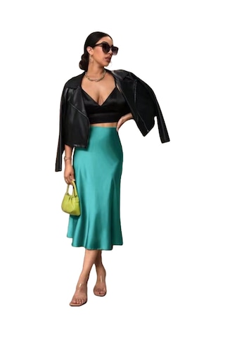 Kadın Saten Kalça Balık Etek Göl Mavisi