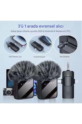 Kablosuz Tüylü Yaka Mikrofonu Apple iPhone Uyumlu  3.5mm Aux Apple iPhone Uyumlu  Type-c Pc Tablet Video Kayıt Vlog Usb-c