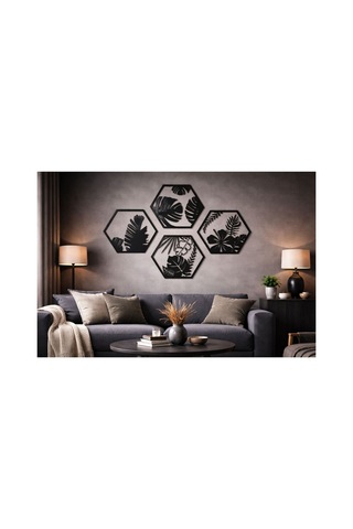 Arliadesign 4 Parçalı Petek Şeklinde Modern Çiçek Bahçesi Ahşap Tablo Seti / Duvar Dekoru / Siyah 3 Mm Mdf
