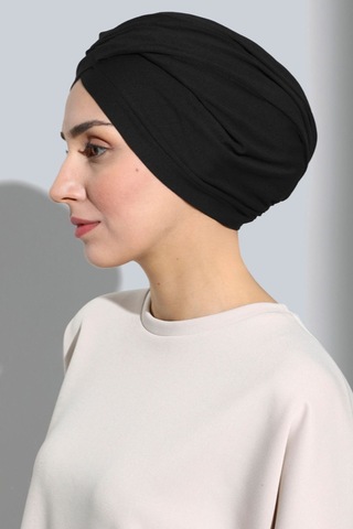 Umttrend Aura Hazır Türban Bone Penye Siyah Bone Çapraz Bantlı Kadın Tesettür Bone Iç Ve Dış Bone