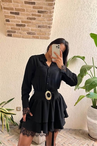 Neşeli Butik Kadın Siyah Gömlek Yaka Dantel Detaylı Kat Kat Mini Elbise Nbmy3858 Siyah