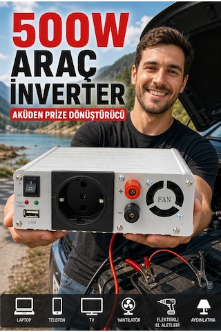 Fanlı 500w Dc Ac İnverter 12v Akü Girişi 220v Priz Usb Çıkışı Taşınabilir Dönüştürücü