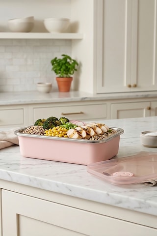 Stainless Paslanmaz Çelik Vakumlu Saklama Kabı,fırın Ve Kek Kabı 800 Ml Lunch Box Pembe