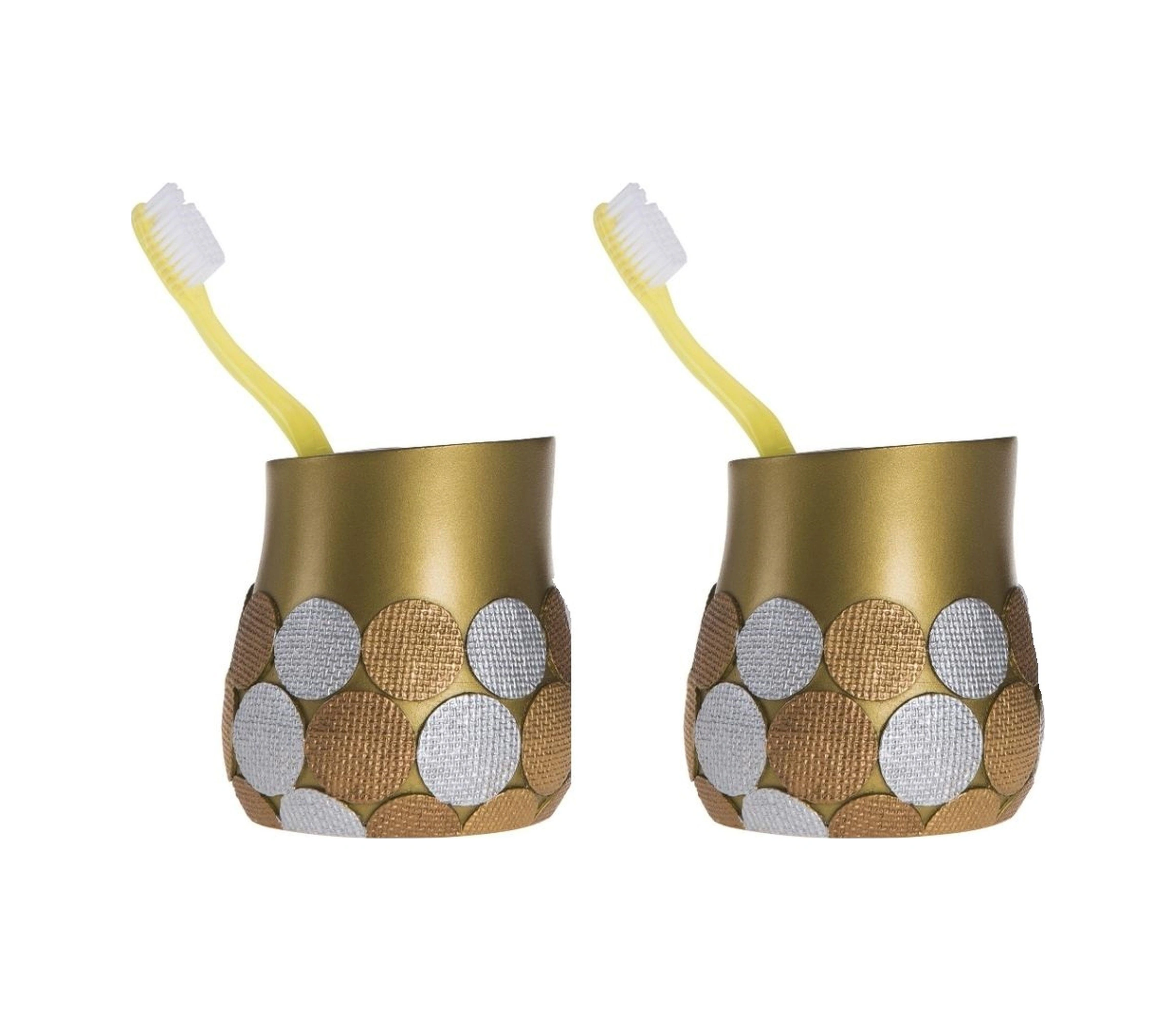 2 Adet Diş Fırçalık Altın Puanlı Poliresin 9x9x10cm Banyo Seti Çok Renkli