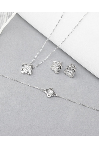 Brezza Lusso Jewelry Swarovski Taşlı Elegant Yonca Kadın Gümüş Kolye Küpe Bileklik Set
