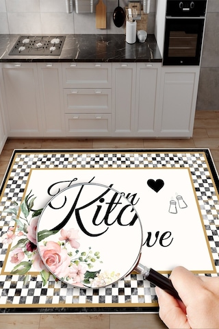 Kitchen Love Yazılı Baskılı Yıkanabilir Kaymaz Taban Mutfak Halısı Beyaz