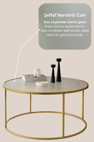 Berlin Nervürlü Camlı Gold 80cm - Metal Çerçeveli Cam Yuvarlak Orta Sehpa - Modern Ve Şık Tasarım Gold