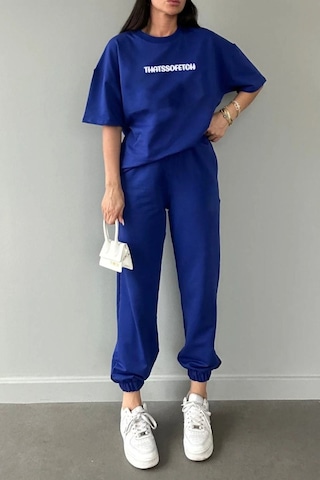 Thatssofetch T-shirt Eşofman Altı Jogger - Mavi Baskı Alt Üst Eşofman Takımı Oversize Bisiklet Yaka Saks Mavi