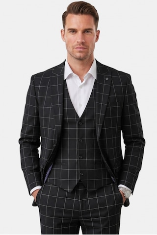 Deepsea Erkek Siyah Slim Fit 3 Lü Takım Elbise Yelekli Ekose Desenli Çift Düğme Takım Elbise 2600501