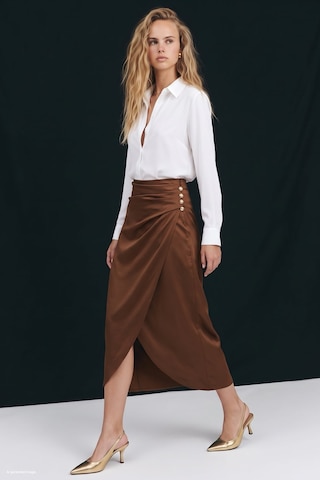 Sateen Düğme Detaylı Saten Etek - Kahve-138036