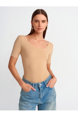 Dilvin Kısa Kollu Bodysuit Bej