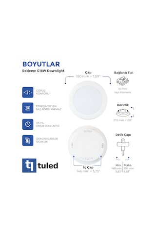 Redeem C18W Downlight, Titreşimsiz, Göz Konforu, 1645 Lümen, Parlak Beyaz, 5700 Kelvin Beyaz