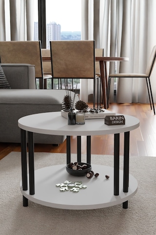 Modern Yuvarlak Orta Sehpa Çift Katlı Siyah Metal Ayaklı Salon, Ofis, Dekoratif Masa Beyaz